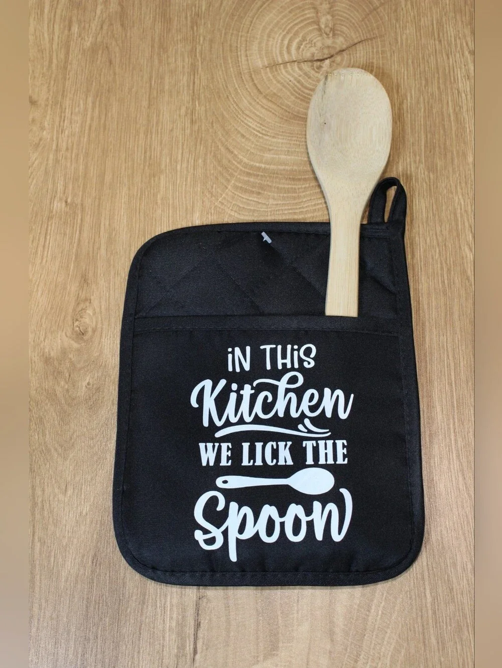 Handmade Black Kitchen Potholder With Wooden Spoon